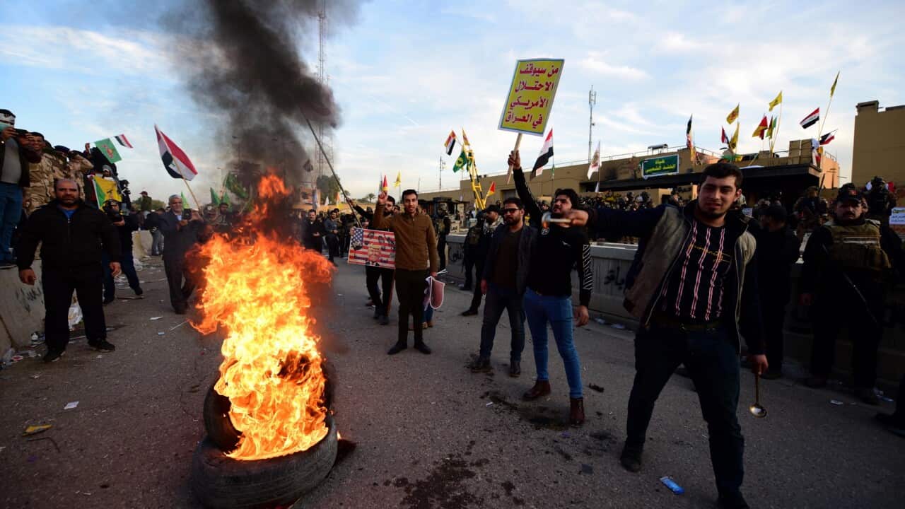 Protests in front of the US Embassy in Baghdad, Iraq
