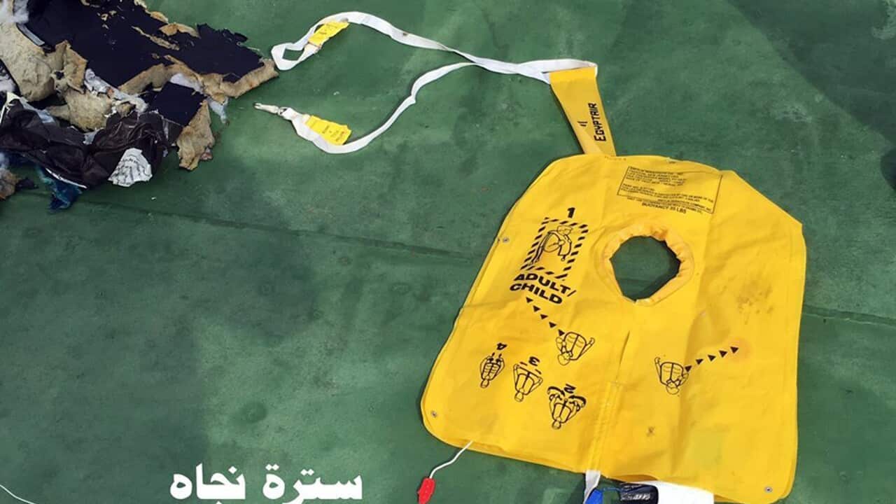 This picture posted Saturday, May 21 on the official Facebook page of the Egyptian Armed Forces spokesman shows a life vest from EgyptAir flight 804.