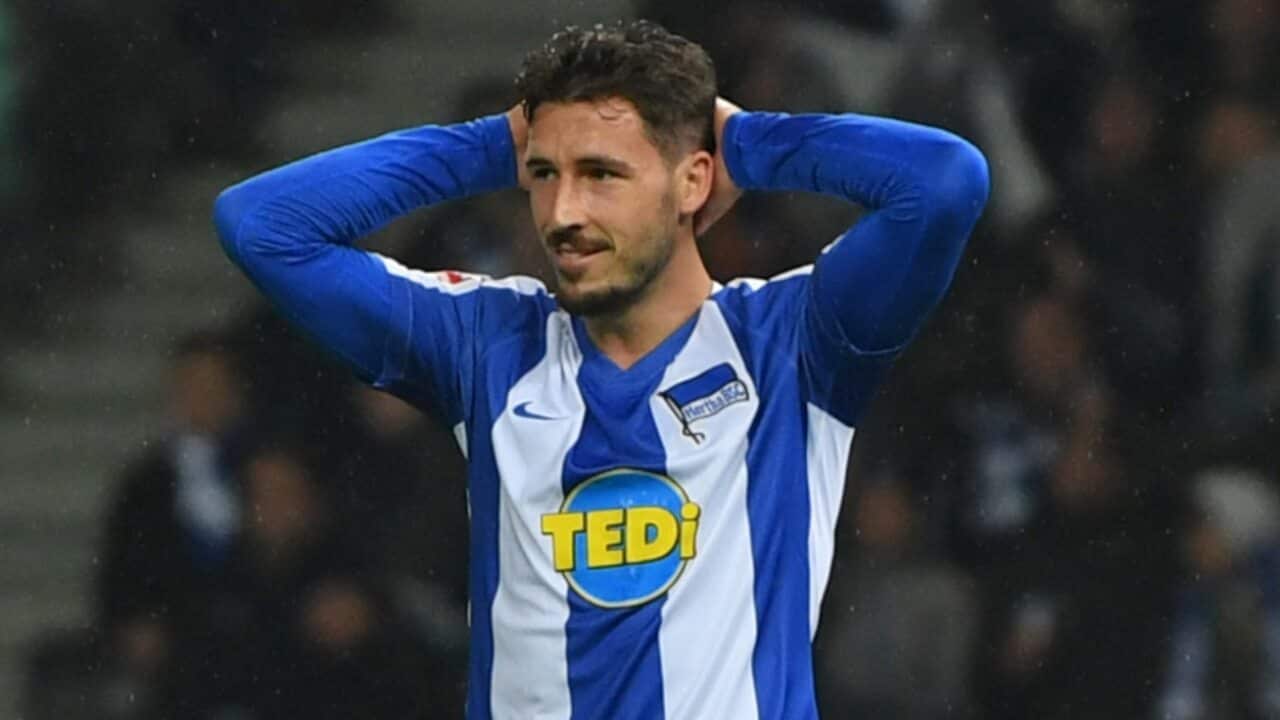 Mathew Leckie reacts during a Hertha Berlin match