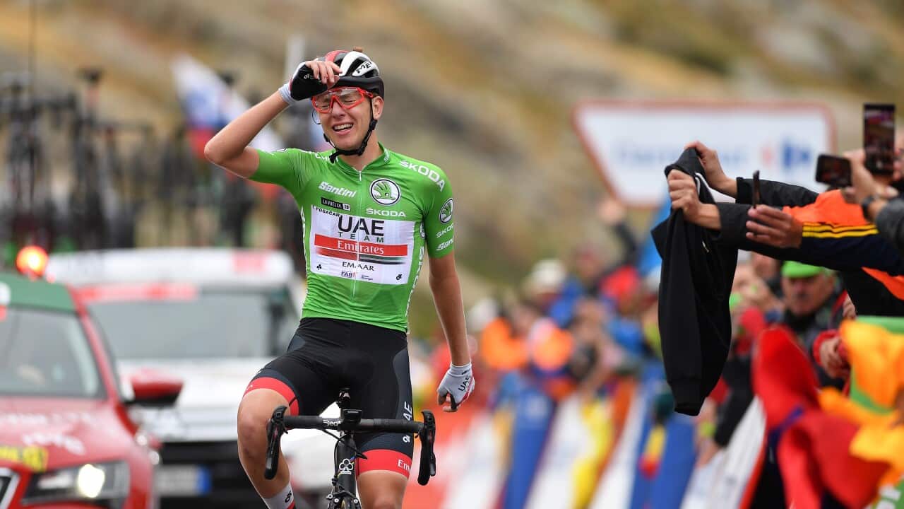 Tadej Pogacar celebrates his victory on Stage 20 of La Vuelta a Espana a 190.4km mountain stage from Arenas de San Pedro to Plataforma de Gredos 1750m (Getty)