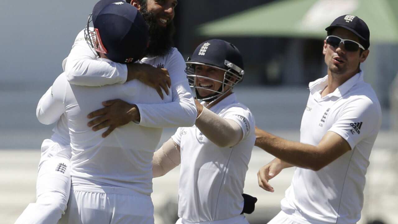 England bowler Moeen Ali celebrates after taking a second wicket