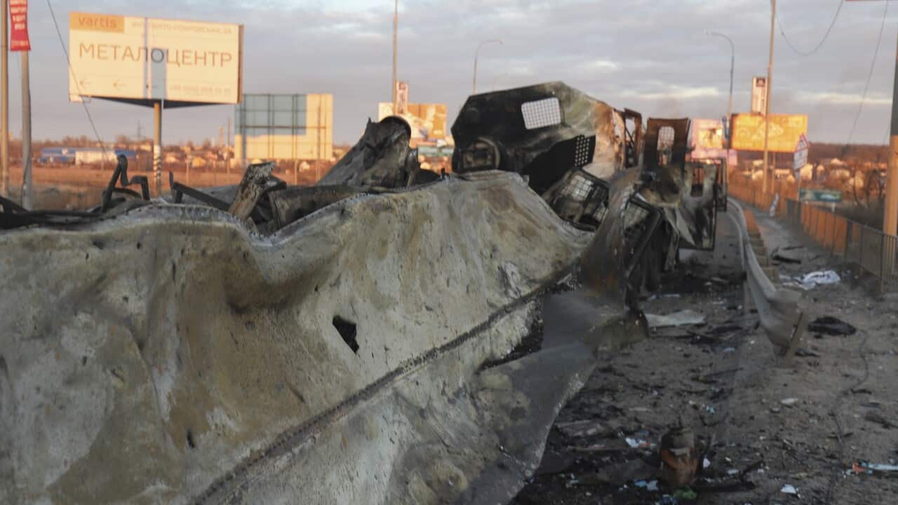 Destroyed Russian machinery near Kiev, Ukraine, 28 February 2022.