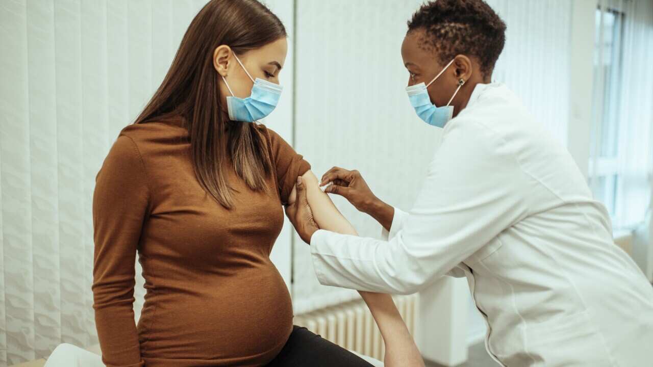 African American female doctor preparing a pregnant woman for vaccination