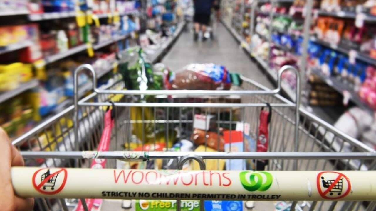 Stock image of a Woolworths' shopping trolley.