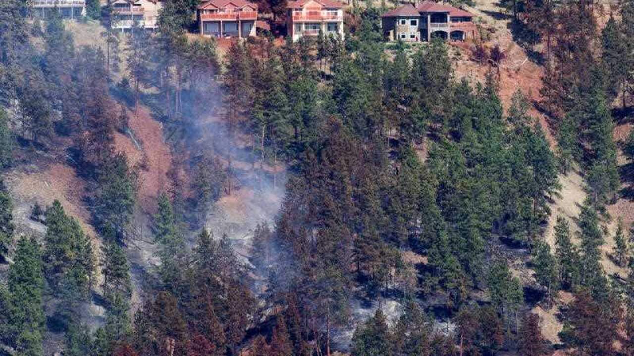 Smoke and fire retardant are seen along a neighbourhood in Lake Country, British Columbia, Sunday, July 16, 2017.