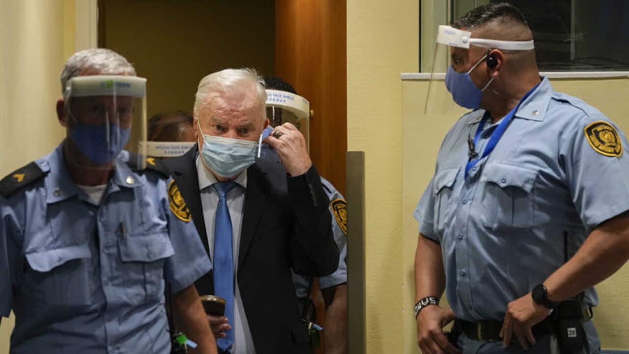 Bosnian Serb military chief Ratko Mladic enters the court room in The Hague, Netherlands, 08 June 2021