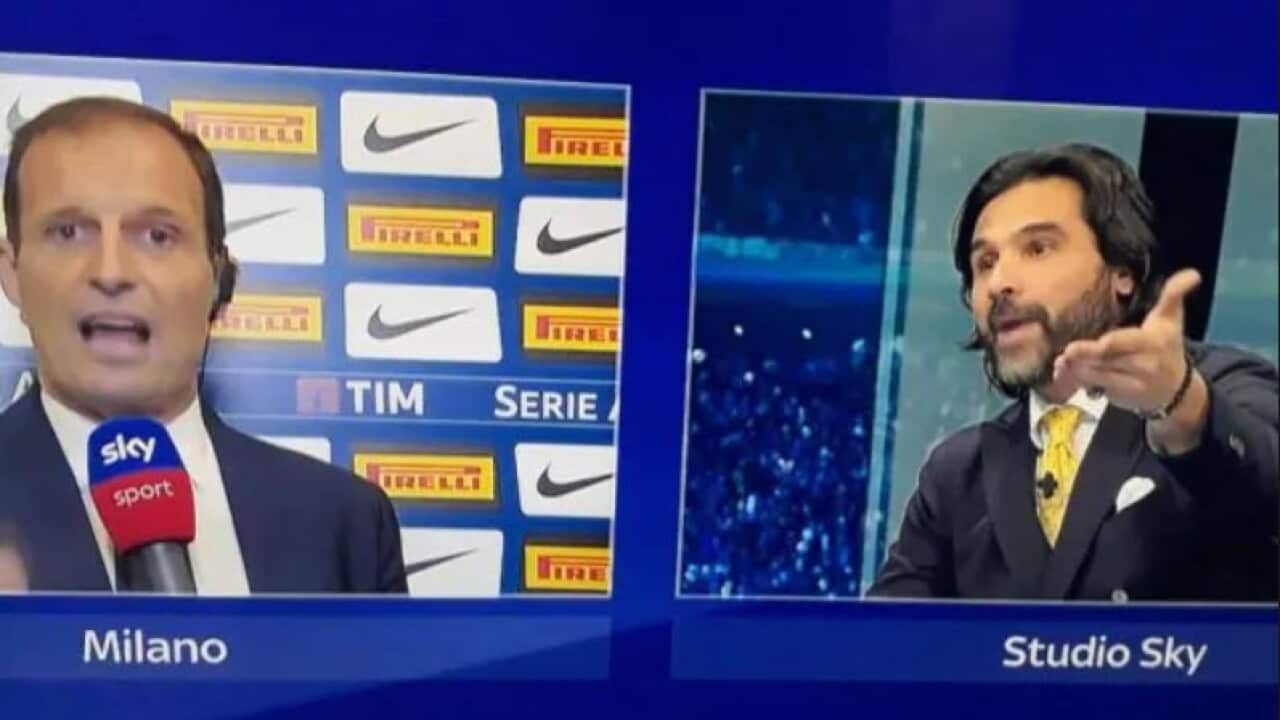 Un fermo immagine della lite tra il tecnico della Juve e il commentatore di Sky