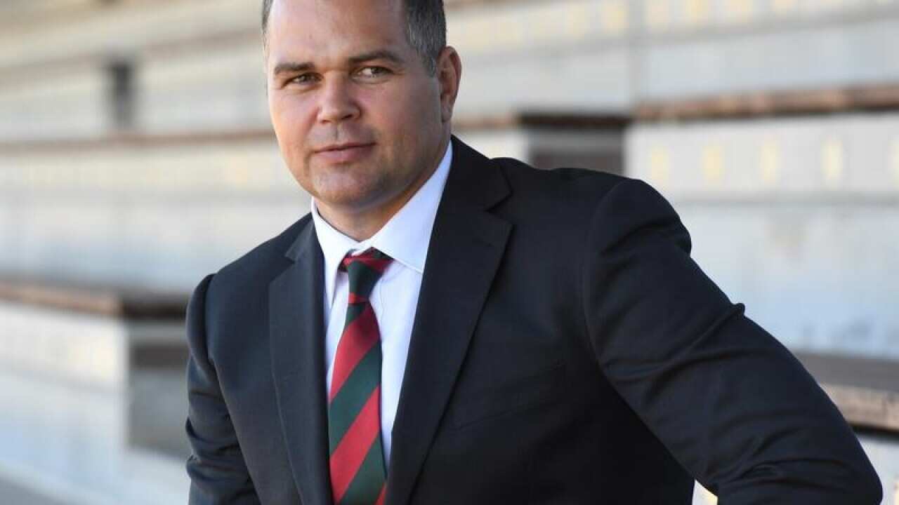 Rabbitohs coach Anthony Seibold poses for photos at Redfern Oval.