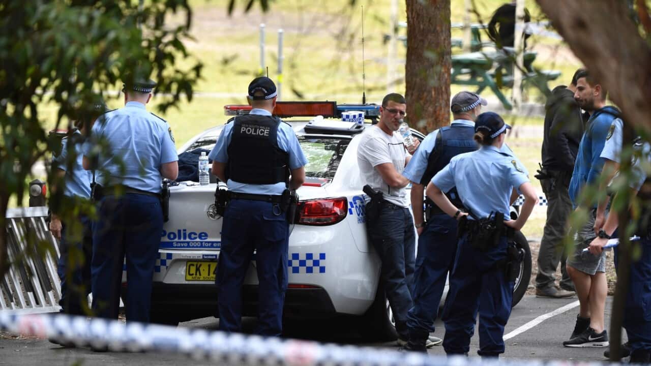 NSW Police are seen at the Buffalo Creek Reserve following the discovery of a body, in Hunters Hill, Sydney