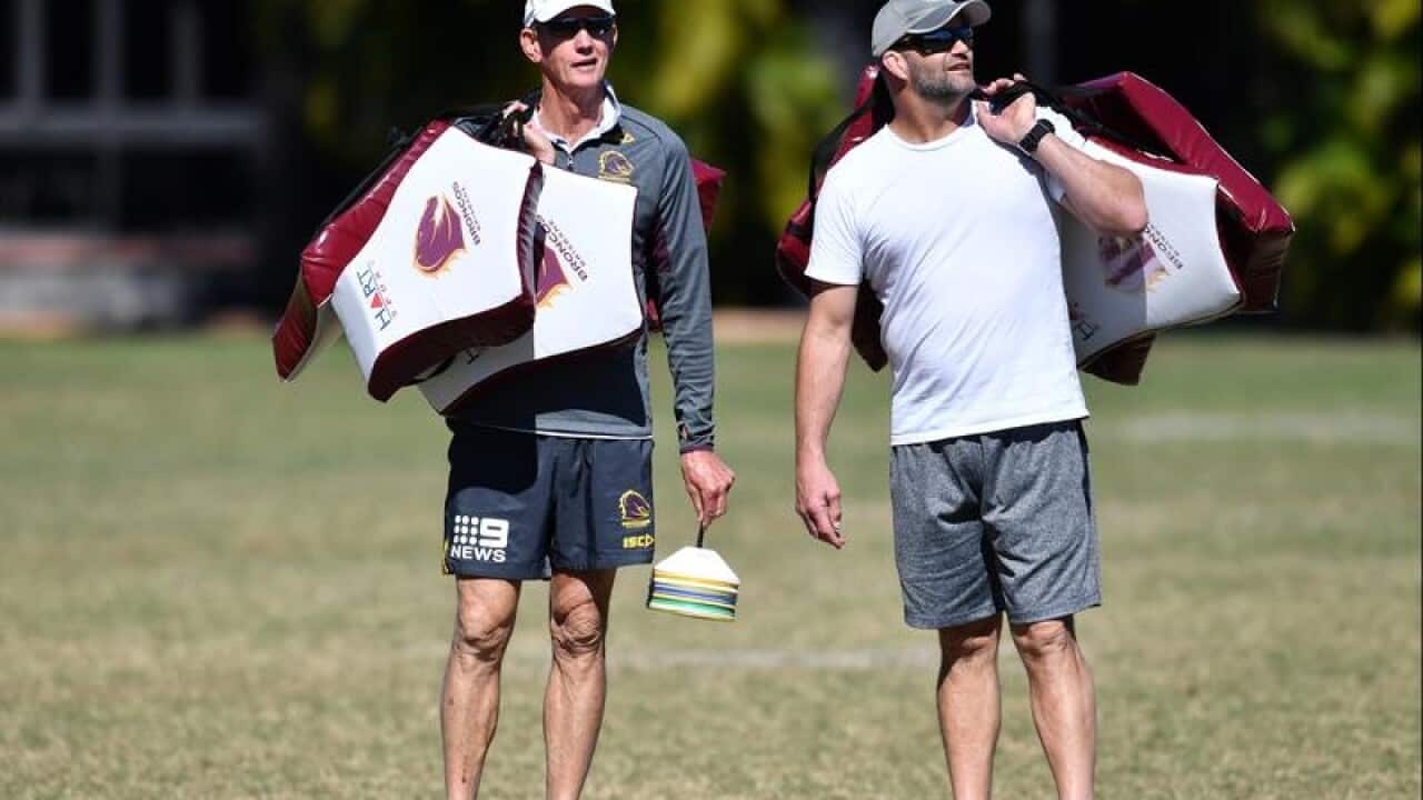 Brisbane Broncos Coach Wayne Bennett (L) and former player Peter Ryan