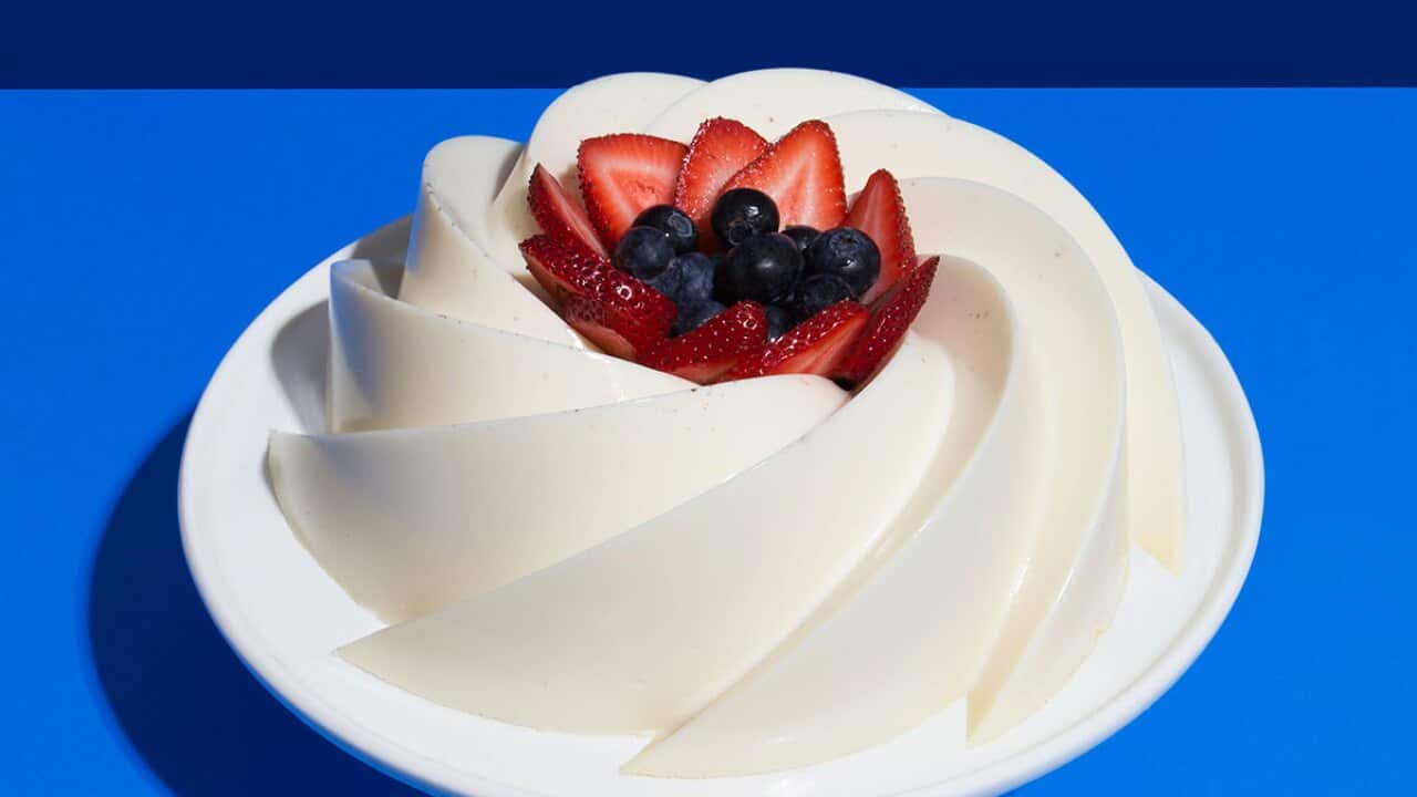 Gelatina de leche (Milk Jello), a birthday favourite of Castillo's, is set over bold geometric lines.  