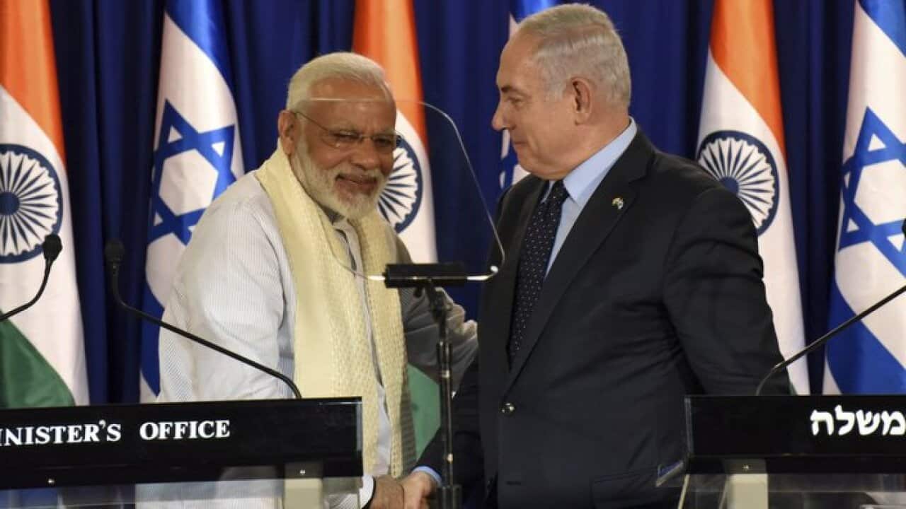Indian Prime Minister Narendra Modi, left, and Israeli Prime Minister Benjamin Netanyahu, right, at Netanyahu's residence in Jerusalem, Israel, July 4, 2017.