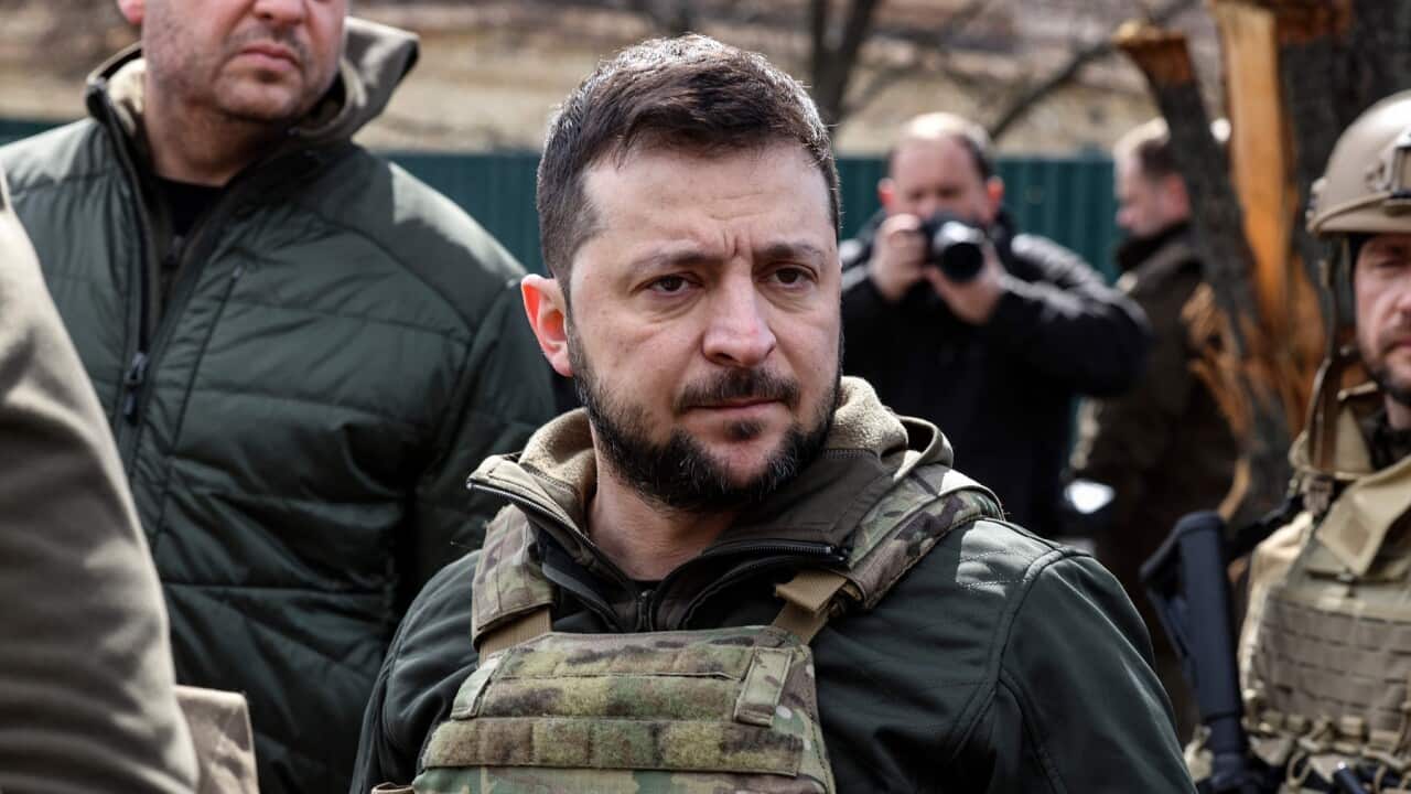 Ukrainian President Volodymyr Zelenskyy in Bucha, northwest of the Ukrainian capital Kyiv.