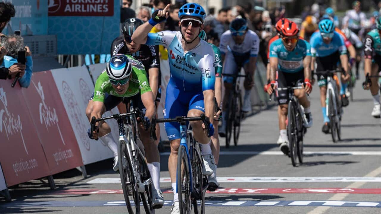 Kaden Groves celebrates as he crosses the line