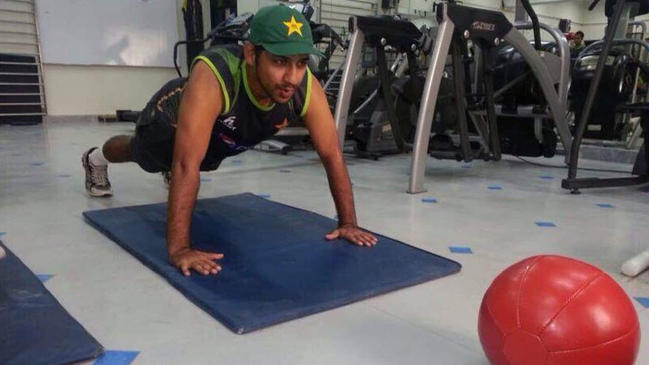 Pakistan cricket team captain Sarfaraz Ahmed working out in the gym