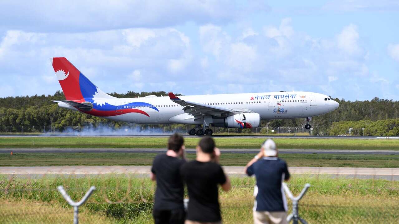 Nepal Airlines flight landing at Brisbane airport on April 2,2020 with Australian and New Zealand passengers onboard after being evacuated from Nepal amid coronavirus restrictions.