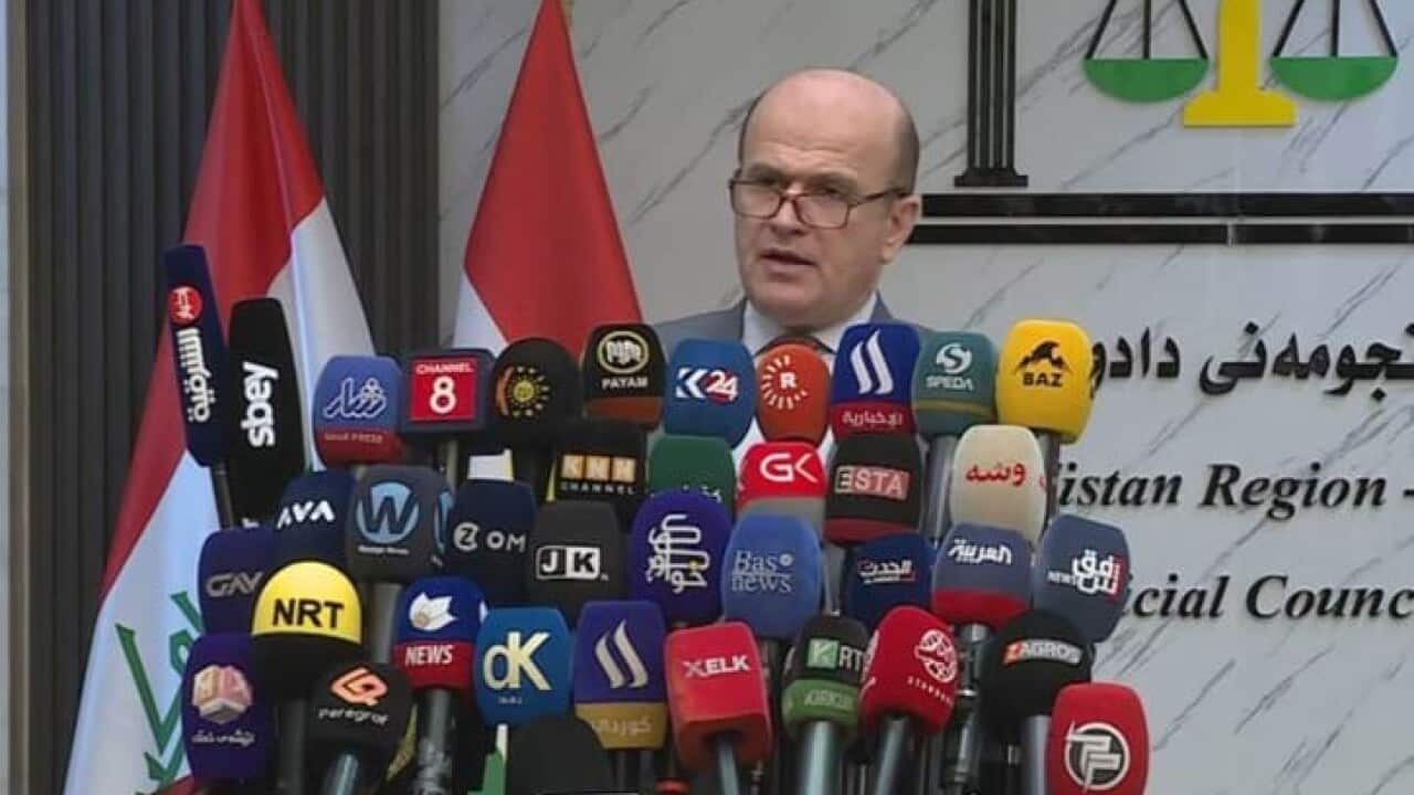 Abdulrahman Zebari, a member of the Federal Supreme Court, speaks during a press conference.jpeg