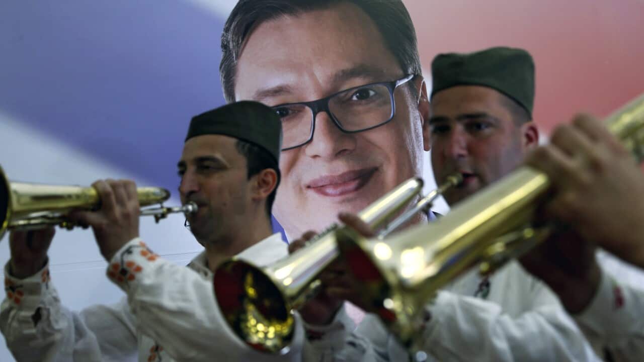 Vucic claimed victory Sunday in the presidential election that was a test of his authoritarian rule amid growing Russian influence in the Balkan region. (AP Photo/Darko Vojinovic)