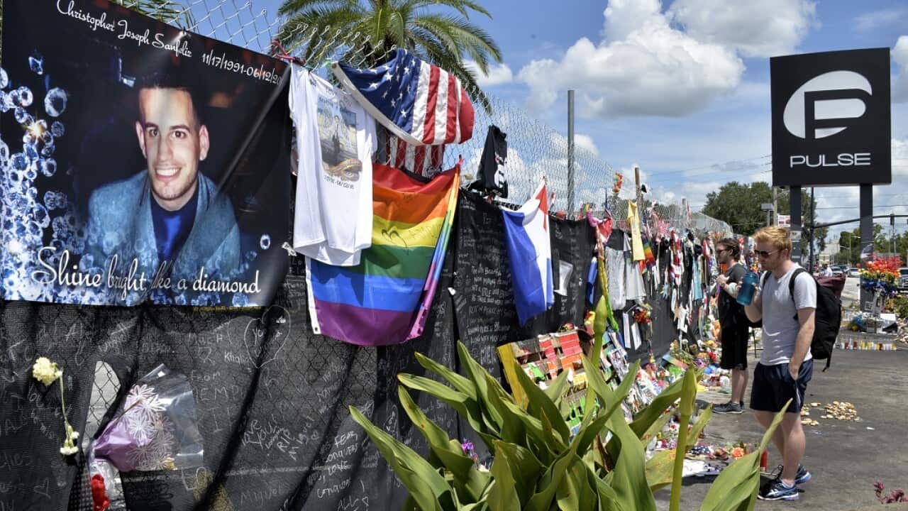 Flowers and other tributes lie outside Pulse nightclub in Orlando in 2016, close to two months after 49 people had been killed in a mass shooting.
