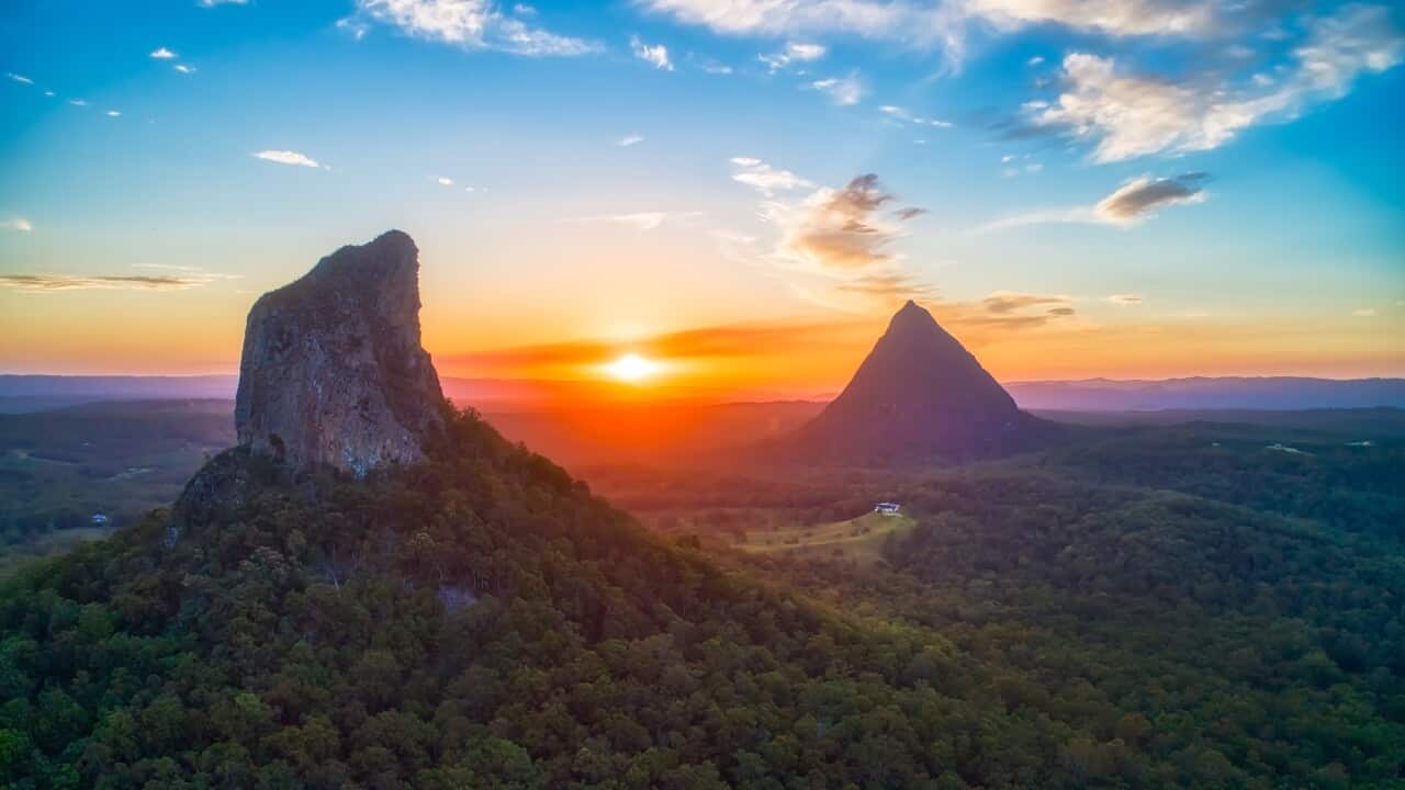 Aerial view of Mount Coonowrin with Mount Beerwah in the background,Glasshouse Mountains,Queensland,Australia