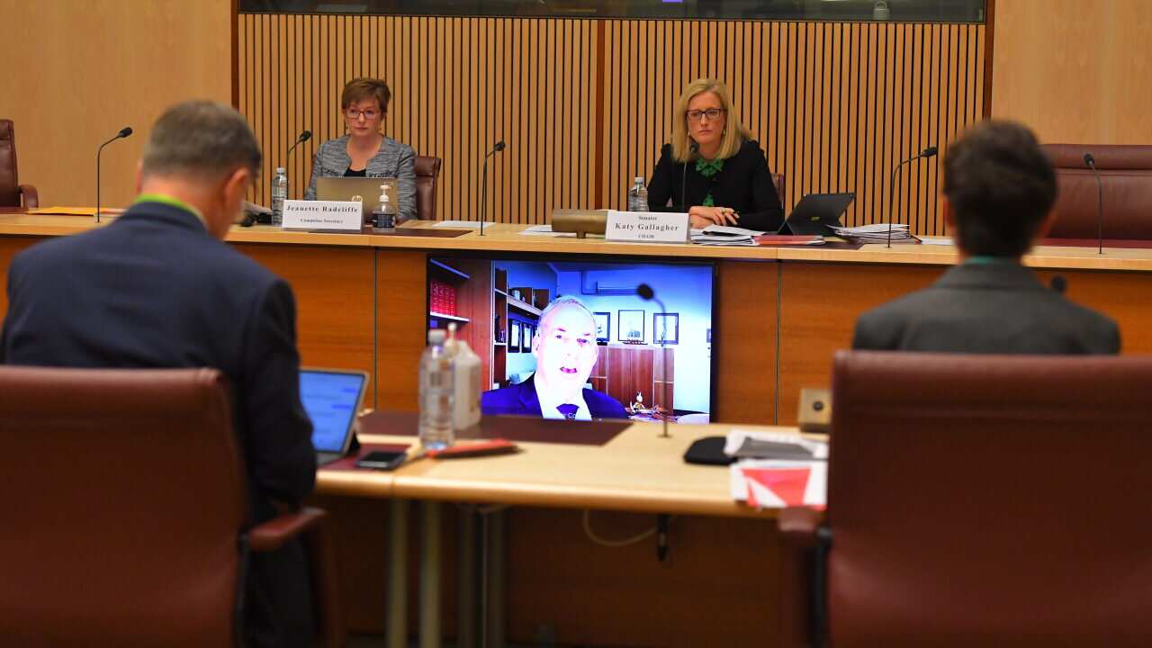 Aged Care Minister Richard Colbeck appears via video link at the Senate inquiry into COVID-19 at Parliament House in Canberra on 21 August.