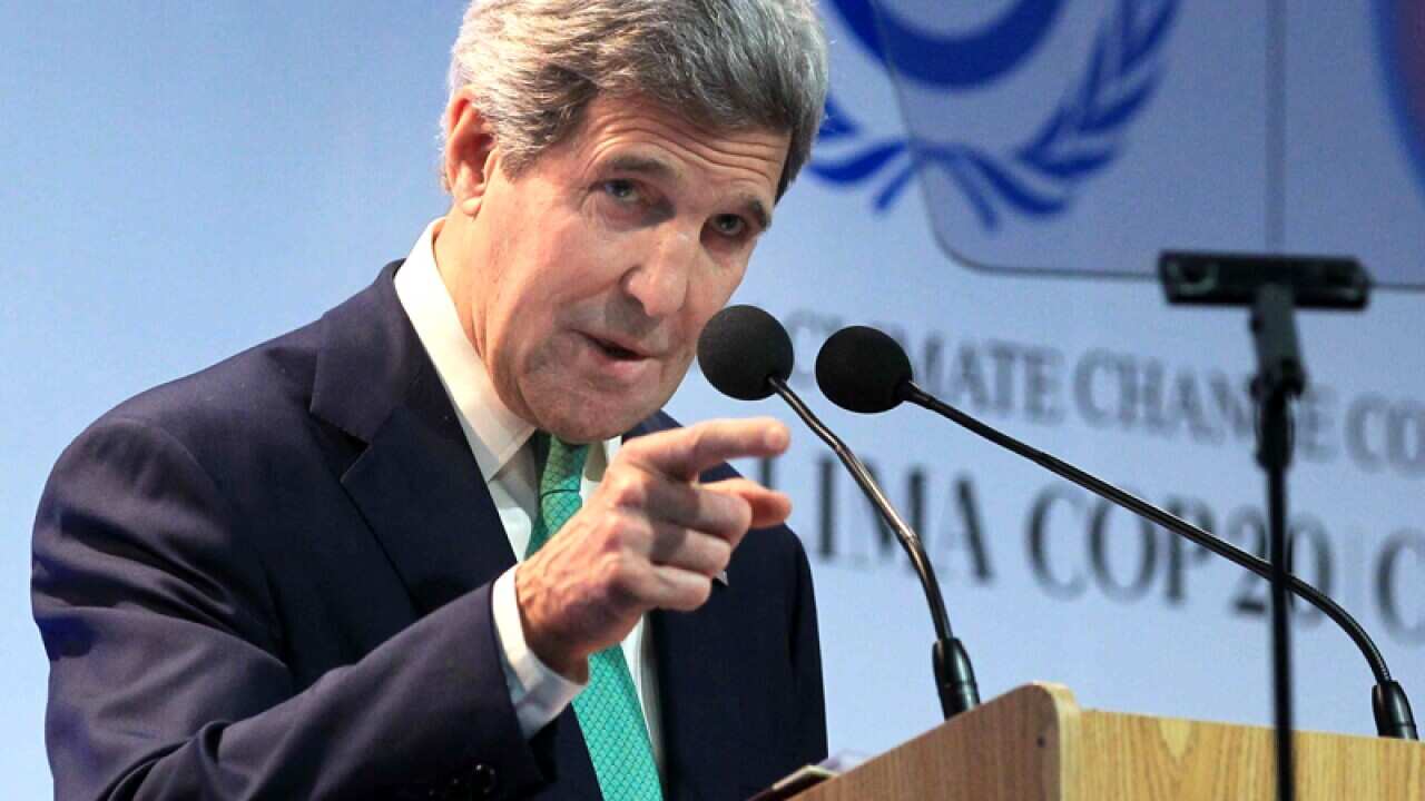 US Secretary of State John Kerry speaks in Lima