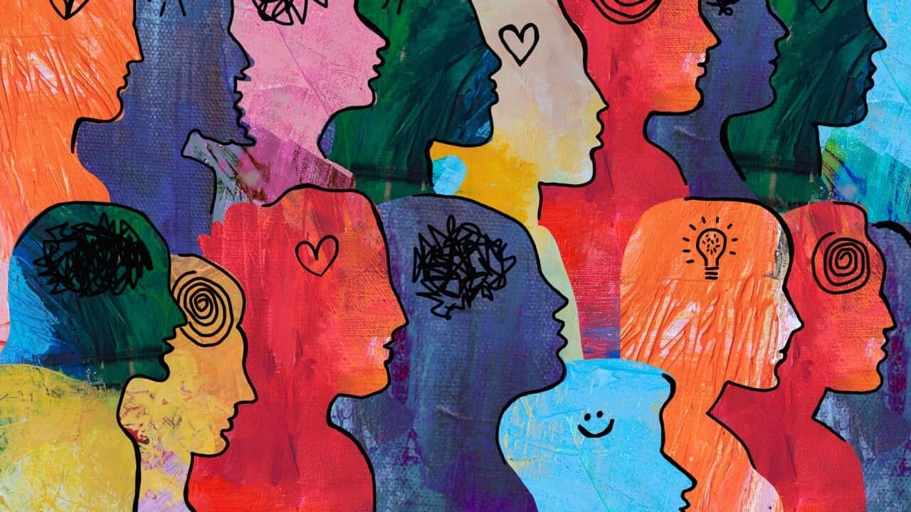 Large Group of diverse people with thoughts.