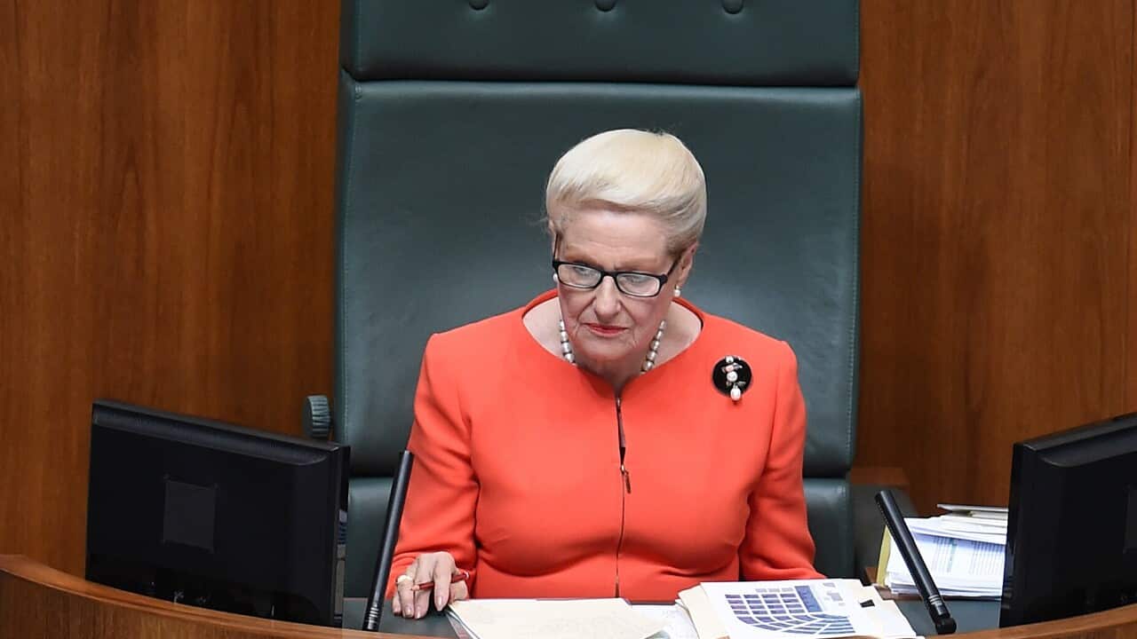 Speaker Bronwyn Bishop eyes the treasury benches during Question Time in the House of Representatives at Parliament House in Canberra, Thursday, Nov. 27, 2014. (AAP Image/Lukas Coch) NO ARCHIVING