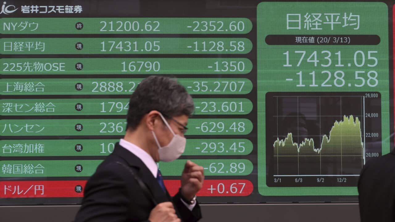 An electric board shows the closing price of 225-issue Nikkei Stock Average and others in Chuo, Tokyo.