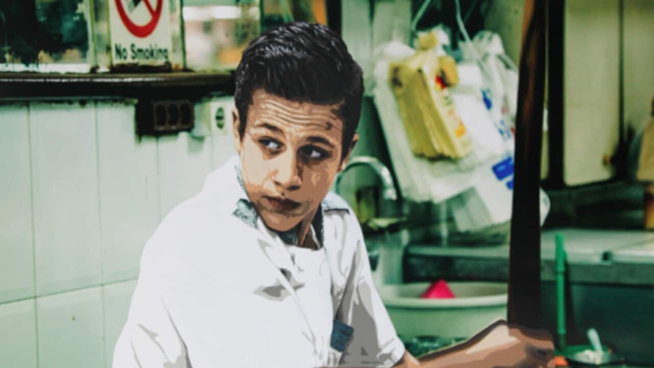 ELK stencil image of a boy making icecream in Syria