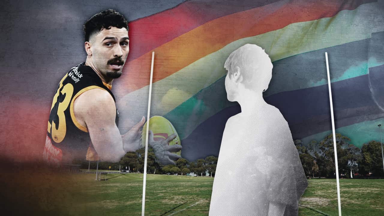 Izak Rankine against an Aussie rules field, the outline of a person, and a pride flag.