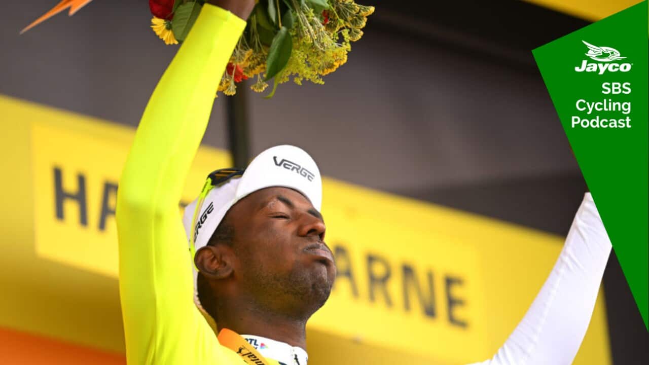 COLOMBEY-LES-DEUX-EGLISES, FRANCE - JULY 06: Biniam Girmay of Eritrea and Team Intermarche - Wanty celebrates at podium as stage winner during the 111th Tour de France 2024, Stage 8 a 183.4km stage from Semur-en-Auxois to Colombey-les-Deux-Eglises 352m / #UCIWT / on July 06, 2024 in Colombey-les-Deux-Eglises, France. (Photo by Dario Belingheri/Getty Images)