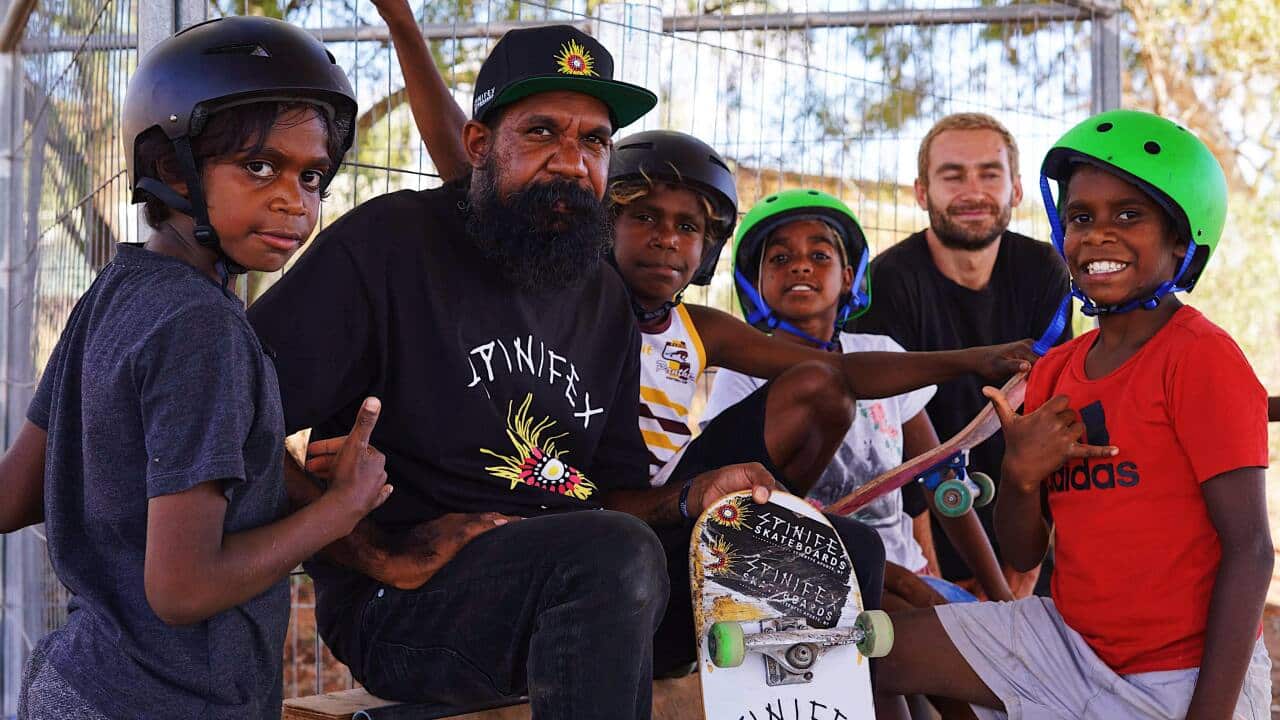 Nicky Hayes is an Eastern Arrernte man and founder of Spinifex Skateboards. He runs a youth skate program in Santa Teresa to give kids more options.