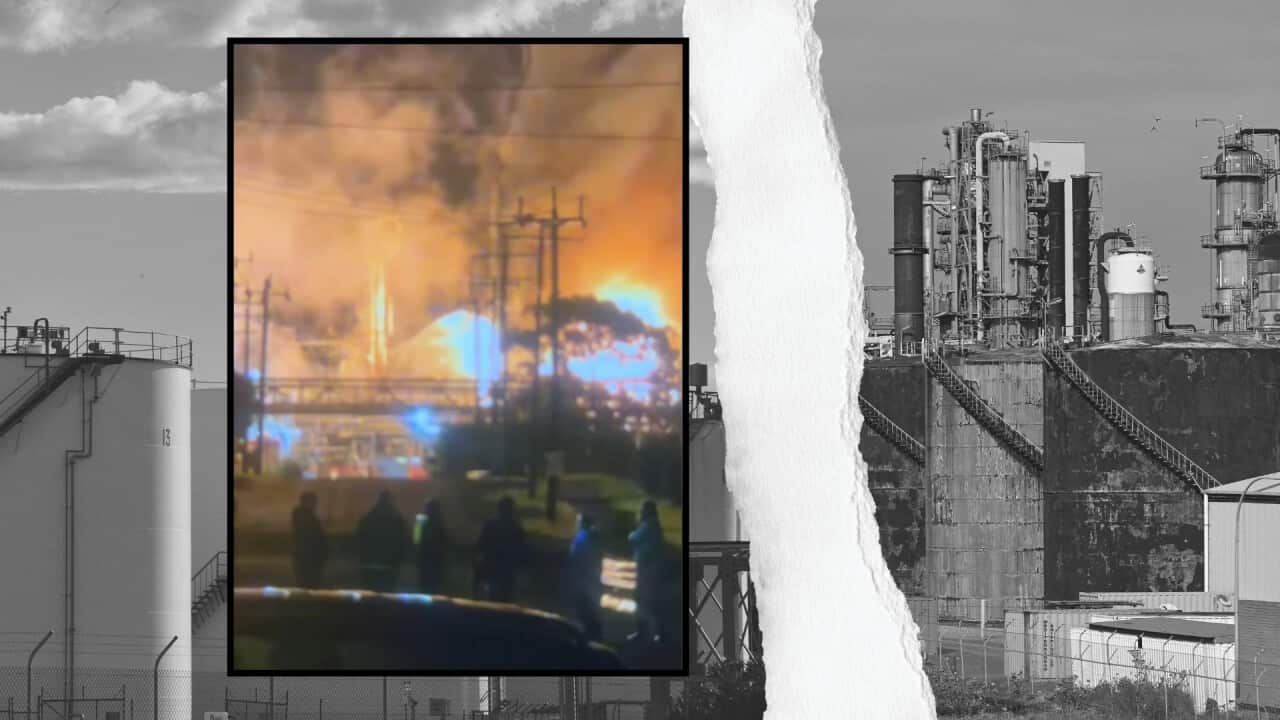 A composite image showing a fire at an oil refinery in the foreground, with a black and white image in the background of an older oil refinery with a ripped paper effect through the middle.