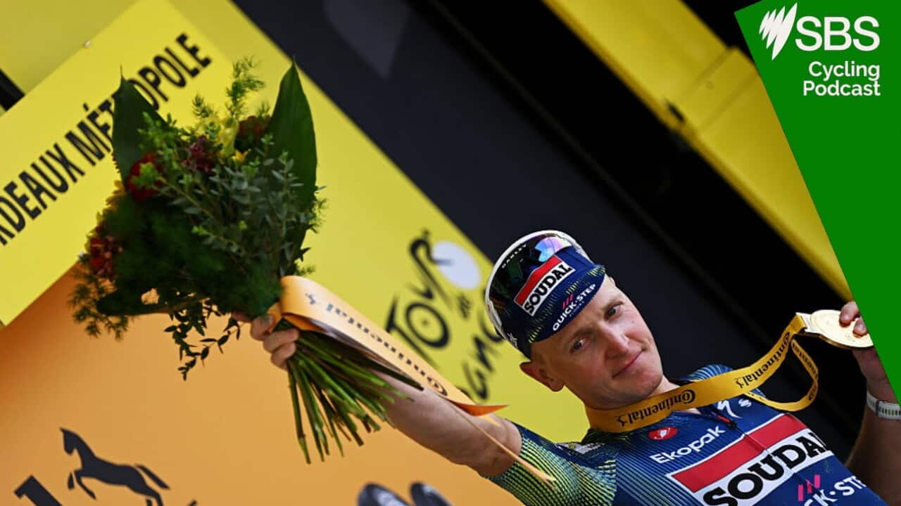 BORDEAUX, FRANCE - JULY 10: Tim Merlier of Belgium and Team Soudal Quick-Step celebrates at podium as stage winner during the 113th Tour de France 2026, Stage 7 a 175.1km stage from Hagetmau to Bordeaux / #UCIWT / on July 10, 2026 in Bordeaux, France. (Photo by Tim de Waele/Getty Images)