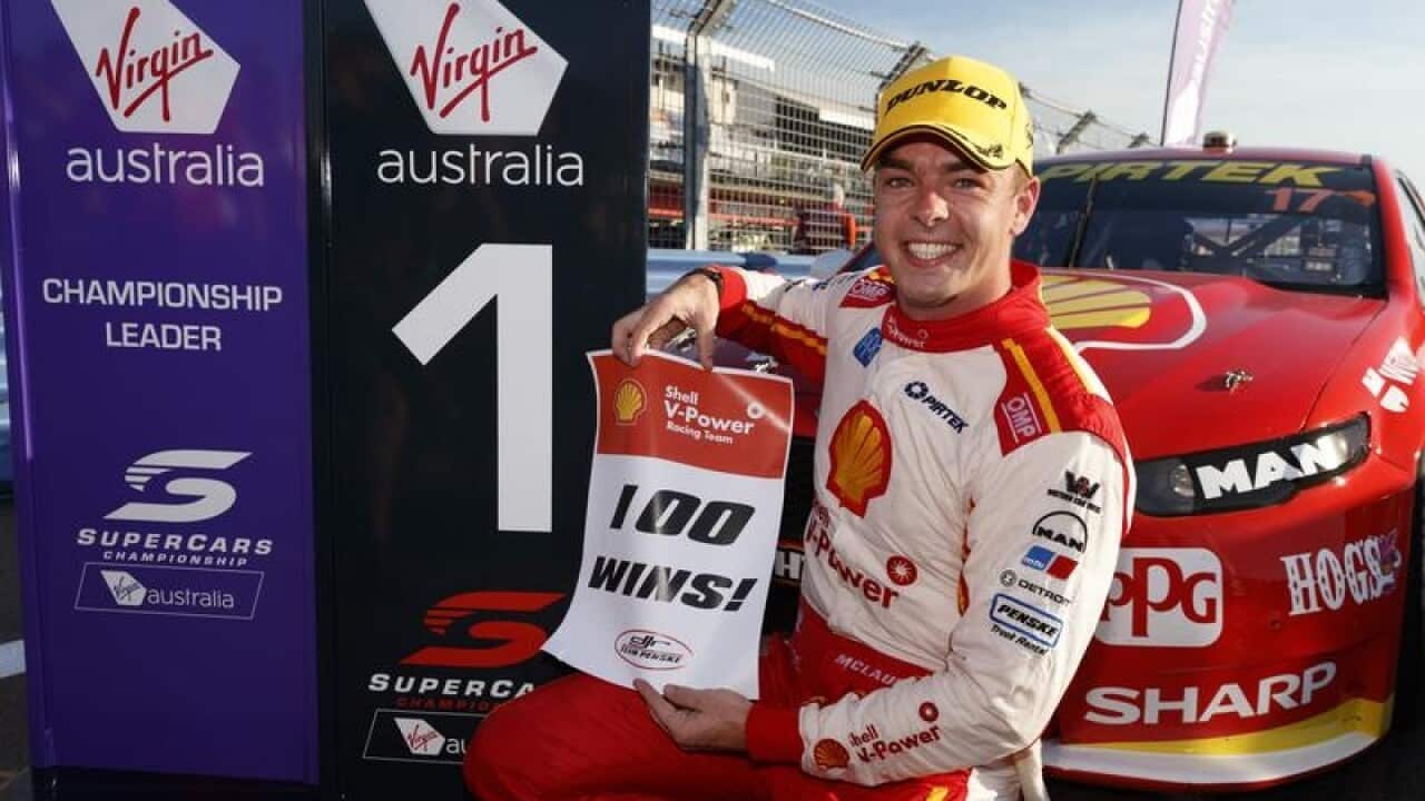 Scott McLaughlin celebrating after winning race 1.