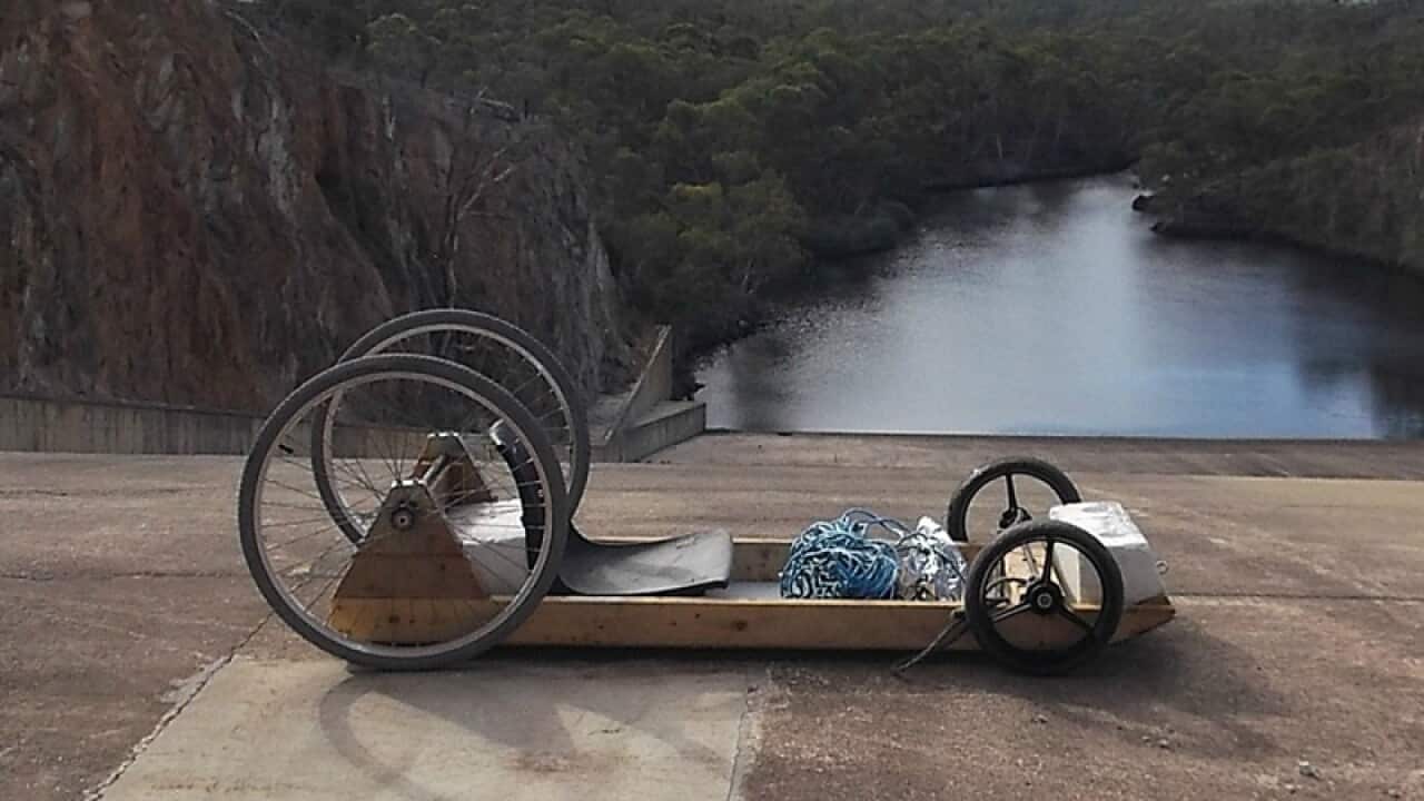 A homemade billycart at a reservoir spillway near Williamstown