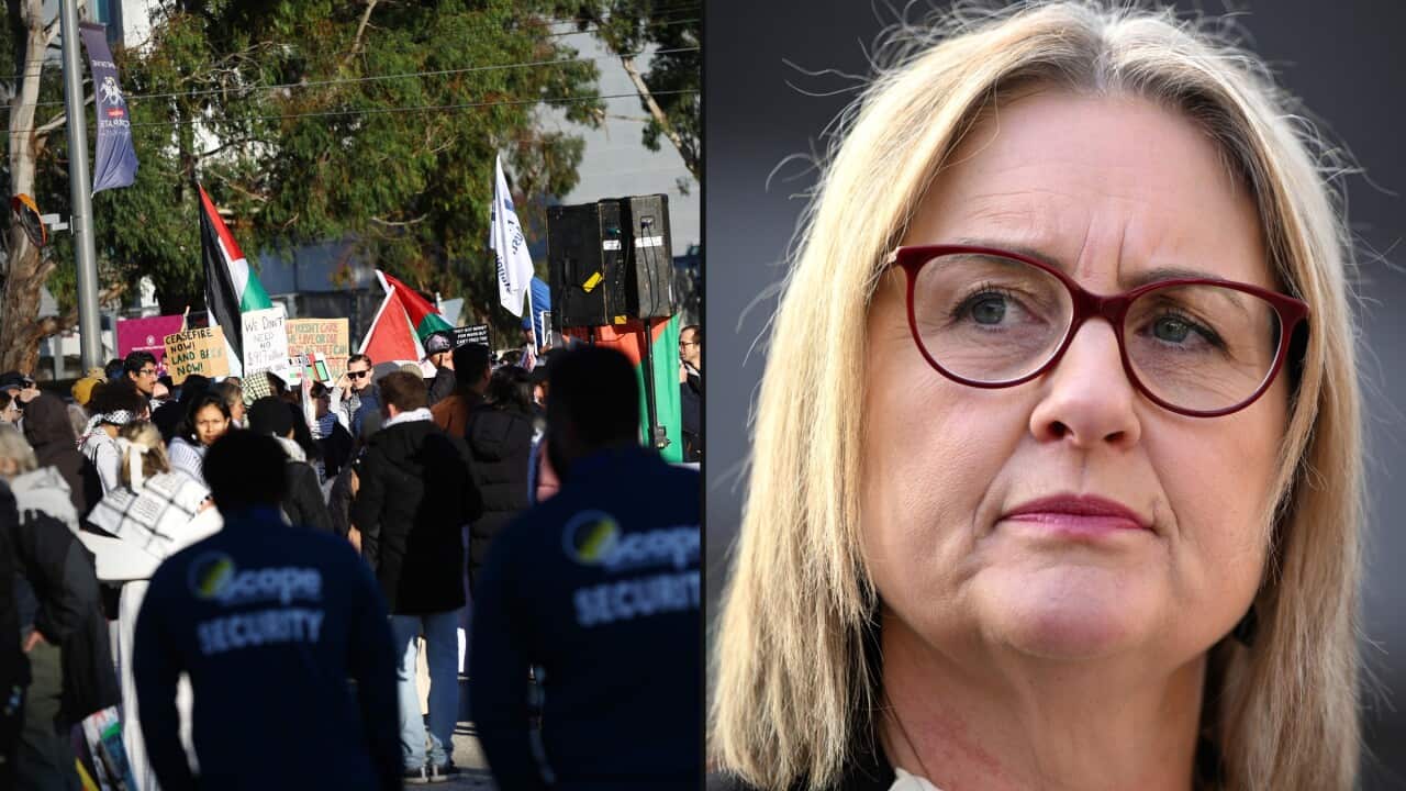 A composite of protests alongside an image of Jacinta Allan.