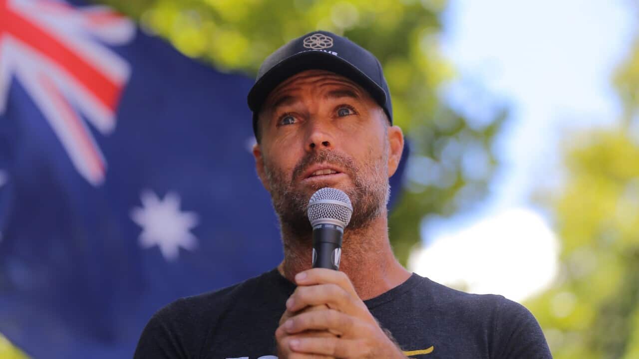 Celebrity Chef Pete Evans speaks during an anti-vaccination rally in Sydney, on 20 February 2021.  