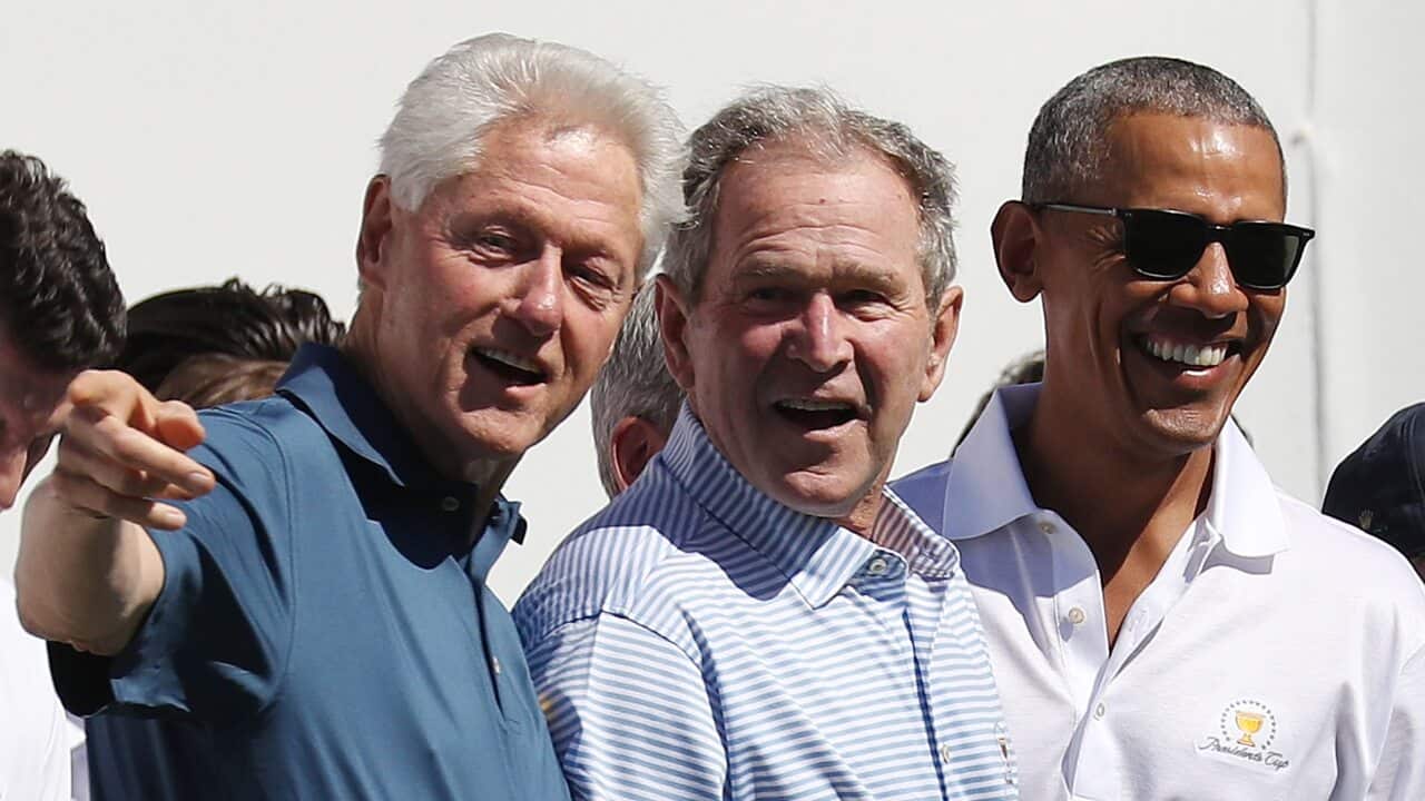 Former US Presidents Bill Clinton (L), George W. Bush (C) and Barack Obama pictured at the 2017 Presidents Cup at Liberty in New Jersey.