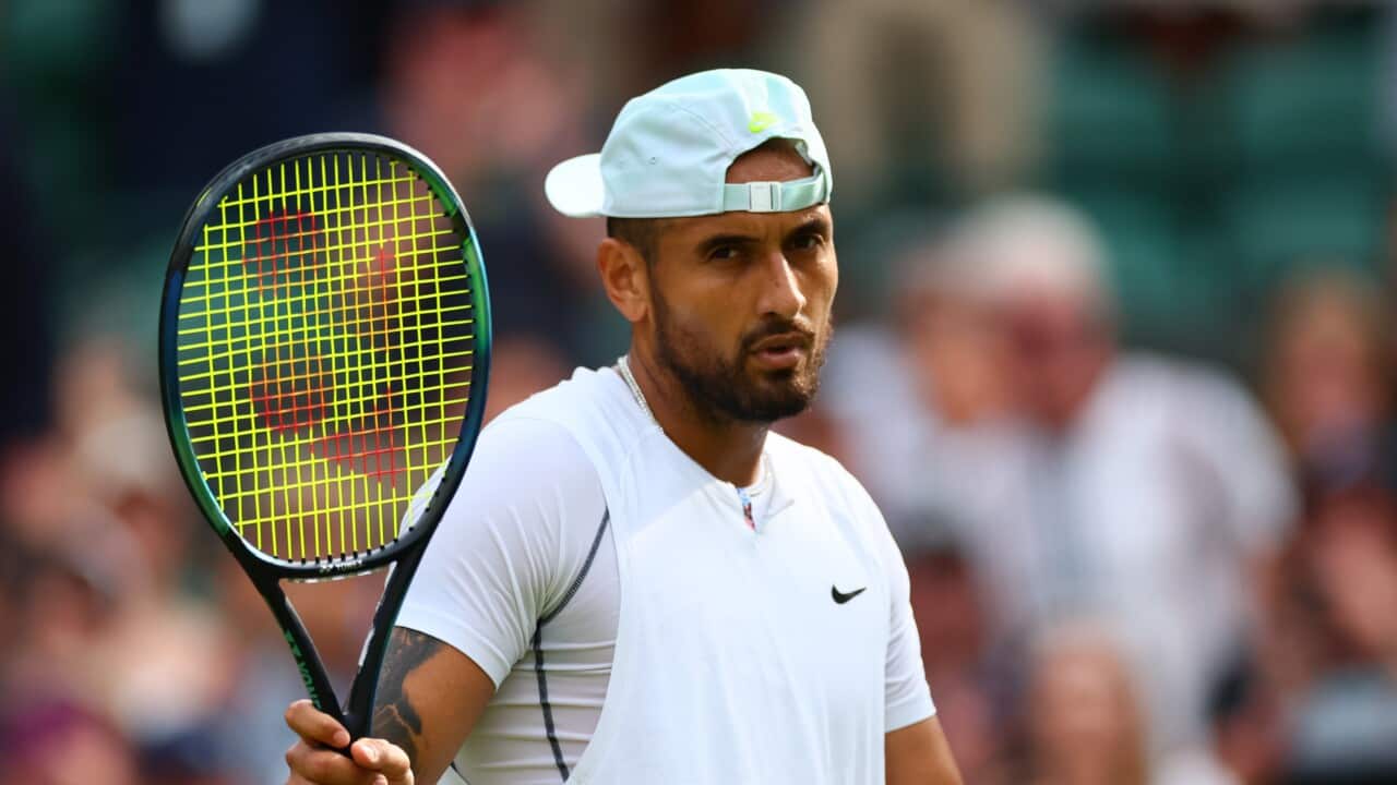 Nick Kyrgios of Australia celebrates his victory over Cristian Garin of Chile during day ten of Wimbledon on 6 July 2022.