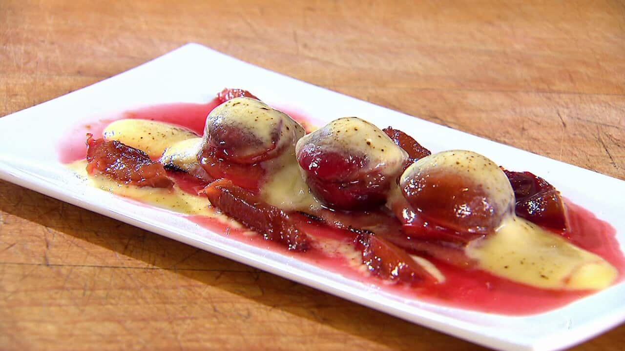 Plums with shortbread and sabayon