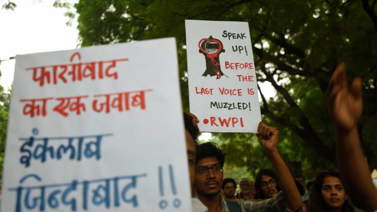 Members of various left parties and their supporters protest against the scrapping of Article 370 of the Indian Constitution.