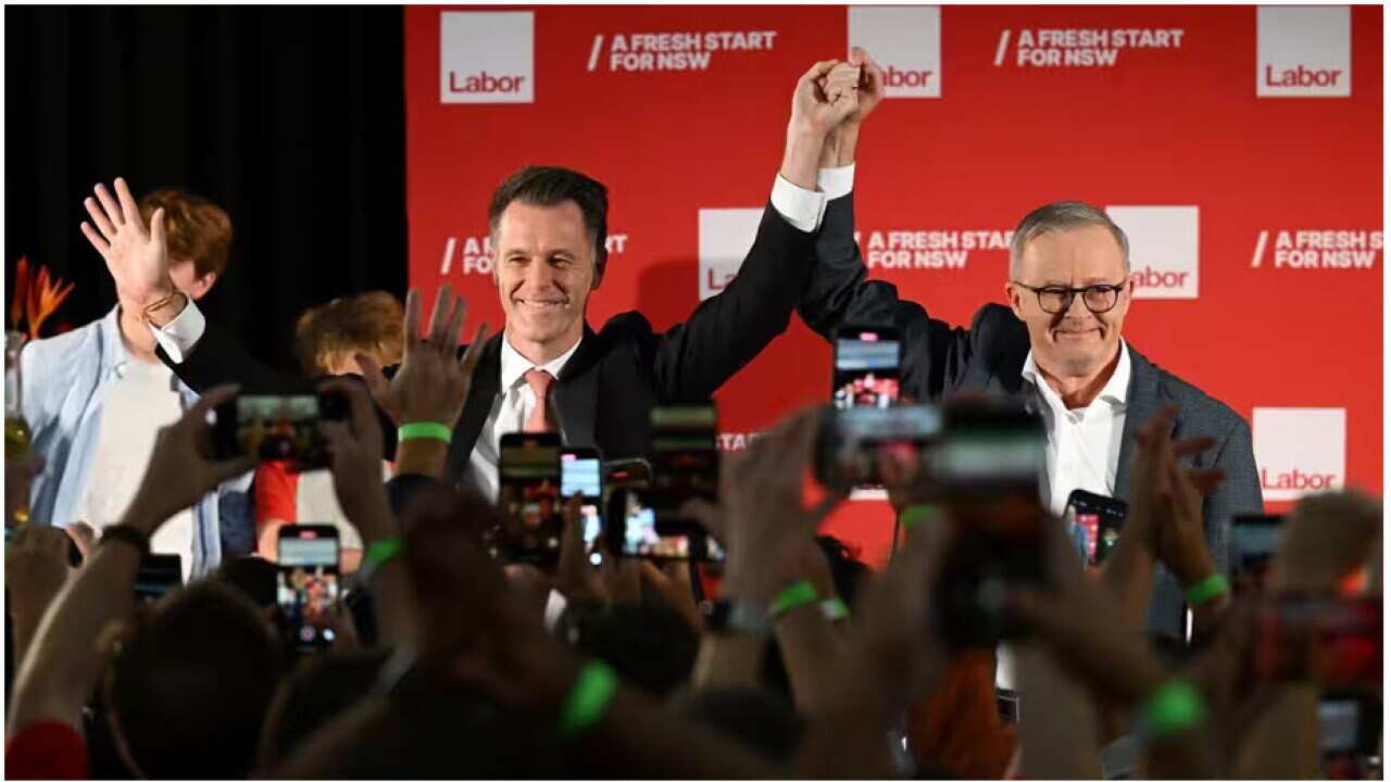 NSW Labor Leader Chris Minns is congratulated by Prime Minister Anthony Albanese after the state election result.