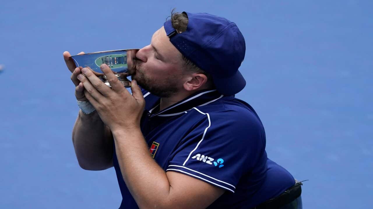 Dylan Alcottcelebrates after defeating Niels Vink during the men's wheelchair quad singles final at the US Open in New York, 12 September, 2021.