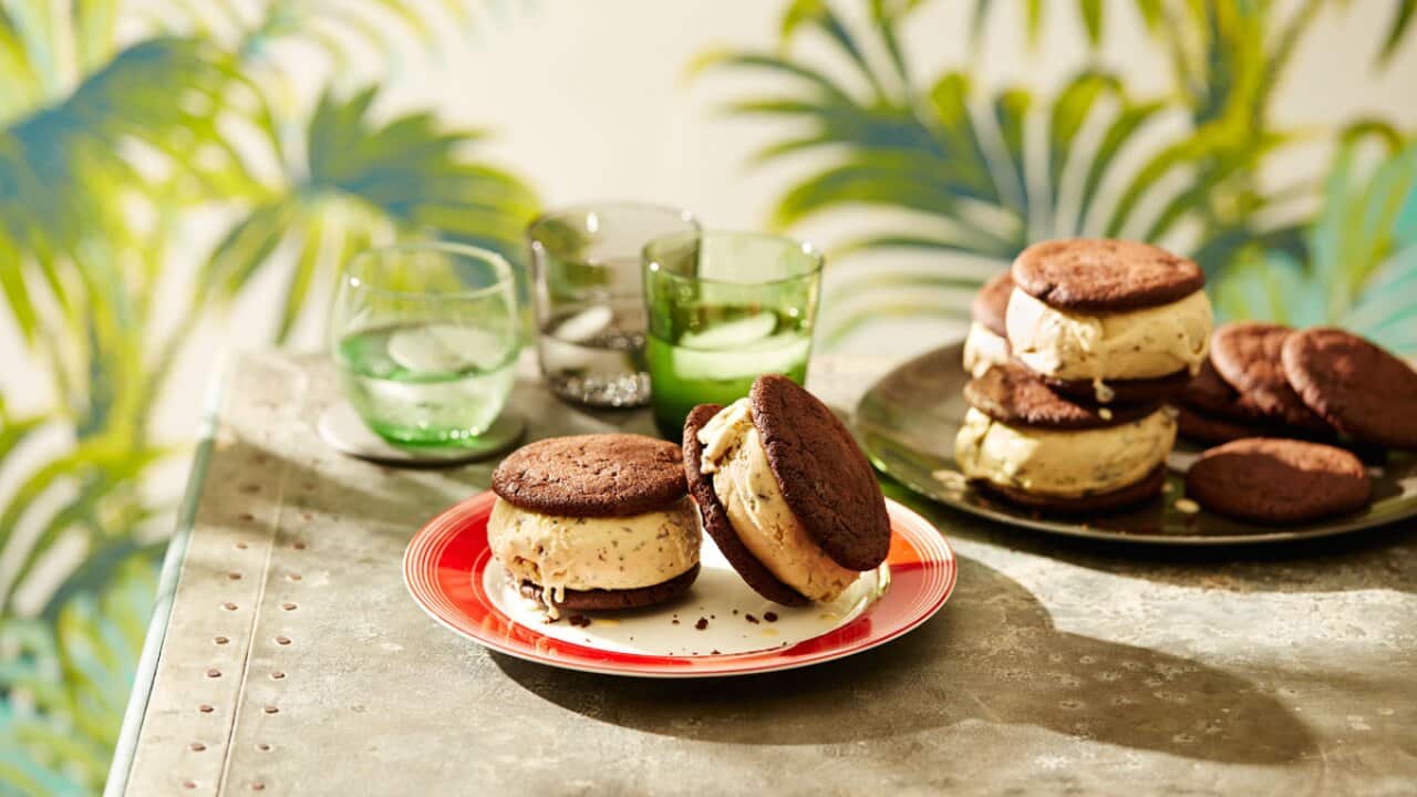 Double chocolate and dirty mint ice-cream sandwiches