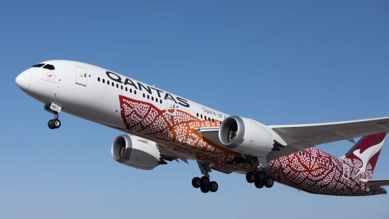 A supplied image obtained on Saturday, March 24, 2018 of 'Emily Kame Kngwarreye' a Qantas 787-9 Dreamliner. Qantas will launch their first non-stop flights from Perth to London on March 24. (AAP Image/Supplied by Qantas) NO ARCHIVING, EDITORIAL USE ONLY