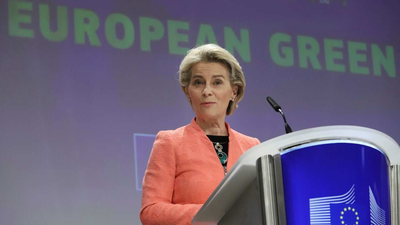 European Commission President Ursula von der Leyen speaks at EU headquarters in Brussels.