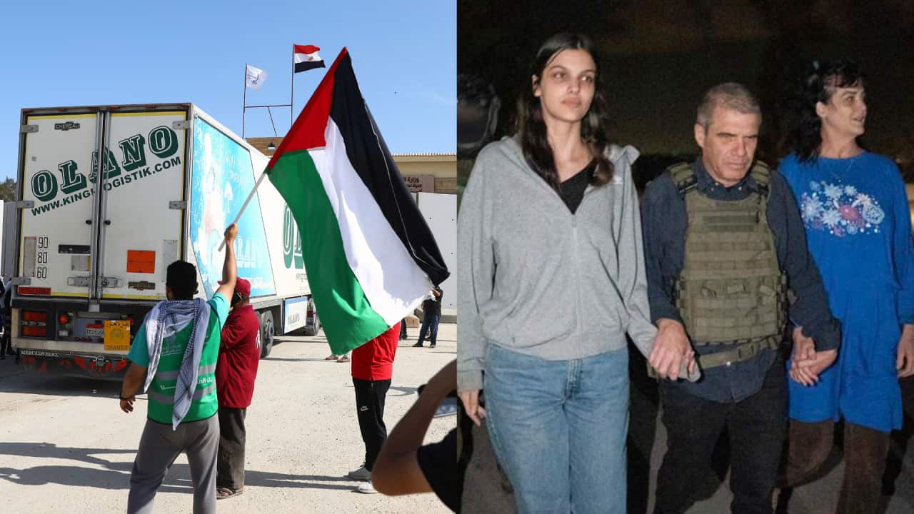 A composite image showing two women being escorted by soldiers at night and a truck entering a crossing with a man waving a Palestinian flag.