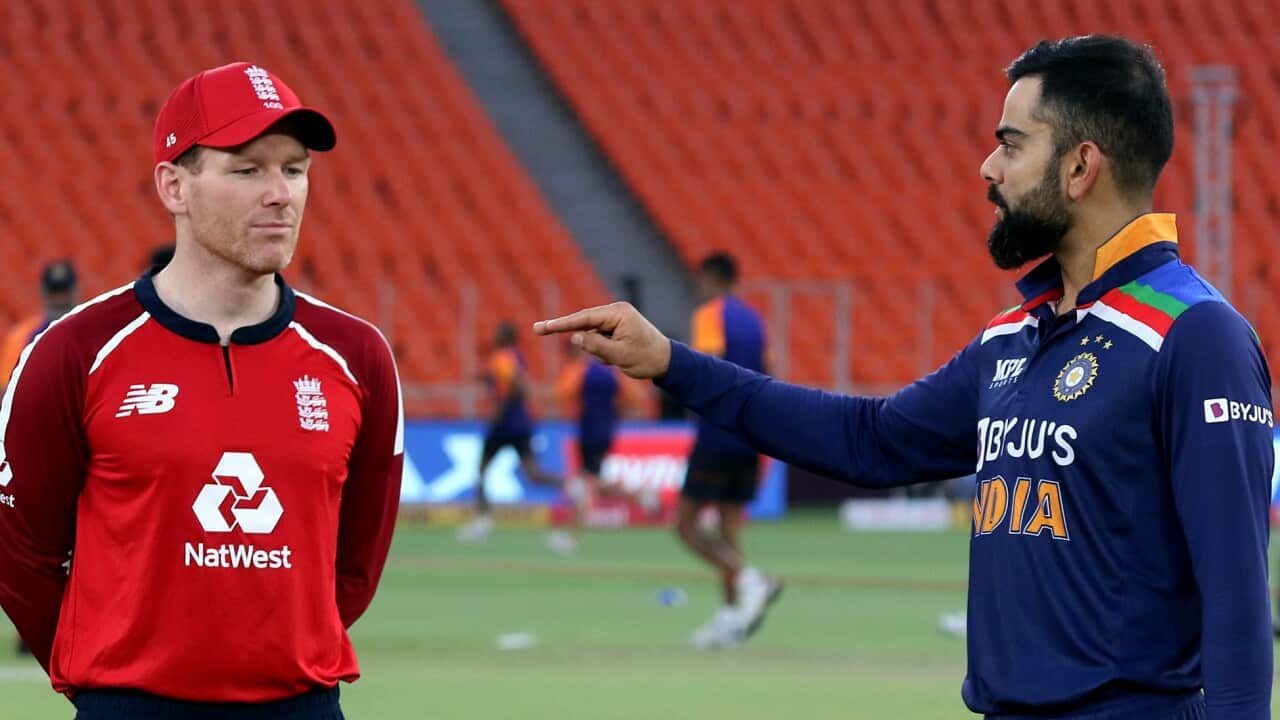 Indian skipper Virat Kohli and England skipper Eoin Morgan during the toss